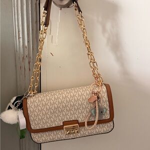Michael Kors Cream and Brown Shoulder Bag with Gold Chain